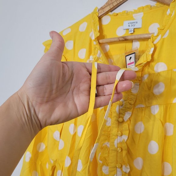 Crown & Ivy NEW Yellow White Polka Dot Dress A-Line Lightweight Midi Small NWT - Picture 3 of 13